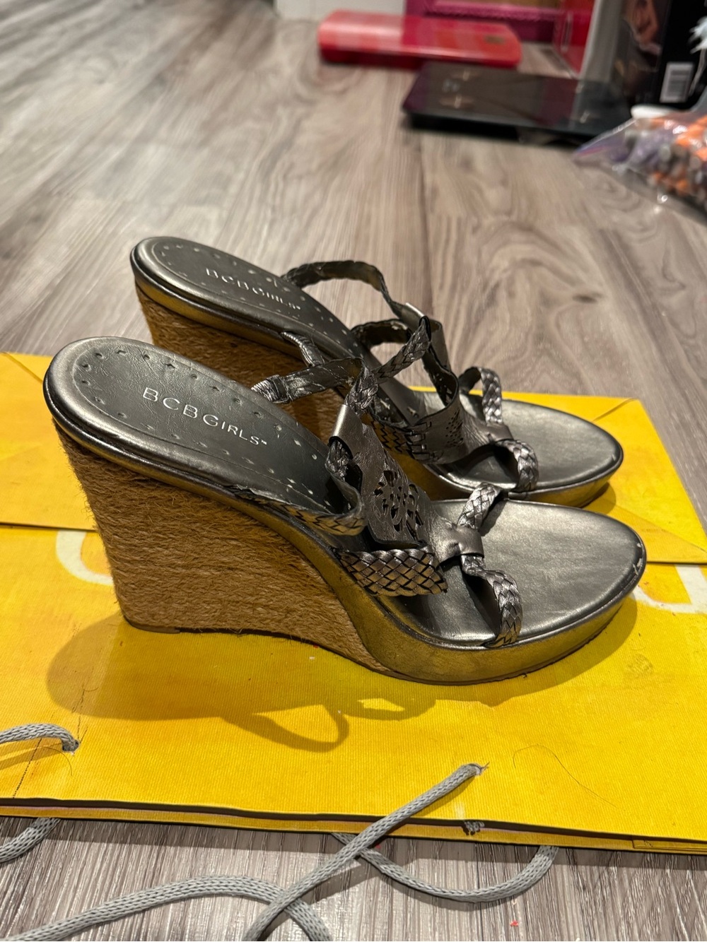 BCBGirls Metallic Silver Braided Espadrille Wedge Sandals, Size 10